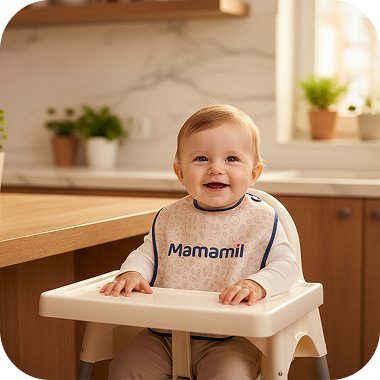 Mamamil önlüğü olan gülümseyen bebek